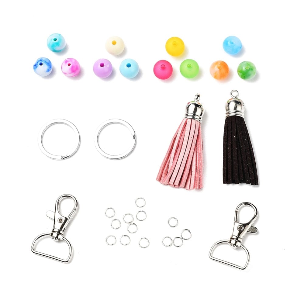 10 Pcs, DIY Keychain Making Kits Acrylic Beads Jump Rings Split Key Rings and Zinc Alloy Swivel Clasps Faux Suede Tassel Pendant Decorations-MultiColor