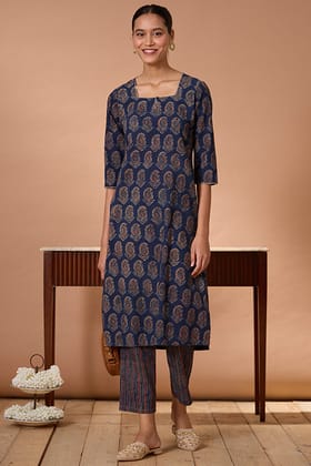 Okhai "Cypress Valley" Hand Embroidered Handblock Printed Ajrakh Pure Cotton Kurta Pant Set-XS