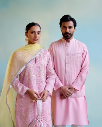 Paring of Pink Rose tissue kurta look with Rosy glow zari Nehru jacket look-Custom