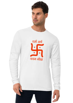 Swastika - Dharm Arth, Sanskrit Full Sleeve T-shirt, Sanjeev Newar®-White / S