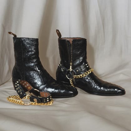 Exotic Black Ostrich Leather Cuban Boots with Removable Chain-40/6