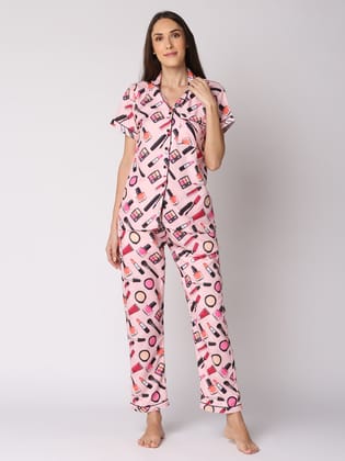 Makeup Forever Button Down Pj Set - Cotton Rayon Pj Set with Notched Collar-XS