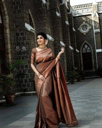 Dark Brown With Golden Patta Designer  Lichi silk Saree Weaving