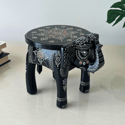 Black Handpainted Wooden Elephant Stool