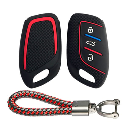 Keycare Silicone Key Cover and keychain Fit for MG : MG ZS EV, Astor 3 Button Smart Key (KC65, Leather Thread Keychain)-Red/Black