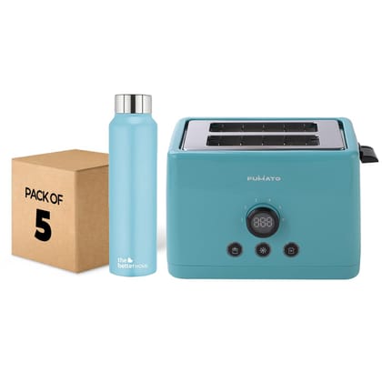 The Better Home FUMATO 1000 Watt 2 Slice Pop-up Toastmate Toaster  Stainless Steel Water Bottle 1 Litre Pack of 5 Blue-The Better Home FUMATO 1000 Watt 2 Slice Pop-up Toastmate Toaster & Stainles