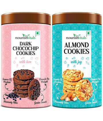 NourishVitals Dark Chocochip Cookies + Almond Cookies, Heavenly Bites, Source of Protein, Crunchy Delights, Genius Snack, 120g Each