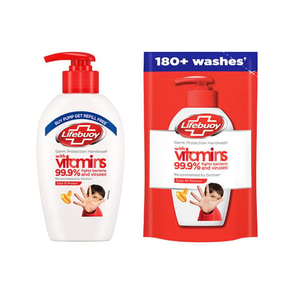 Lifebuoy Total 10 Germ Protection Liquid Handwash, Fights Bacteria & Viruses, Maintains Hand Hygiene, 190 Ml With Refill Pouch 185 Ml Free