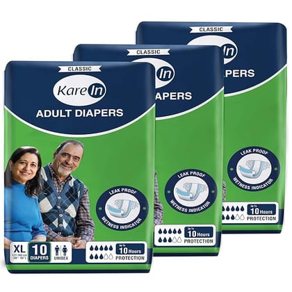 KareIn Classic Adult Diapers, Extra Large (XL), Waist Size 127-165 Cm (50"-65"), 30 Count, Tape Style, Unisex, High Absorbency, Leak Proof, Wetness Indicator