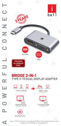 iBall Bridge 2-in-1 Type-C to Dual Display Adapter (VGA + HDMI [4K] Aluminium Housing Case)