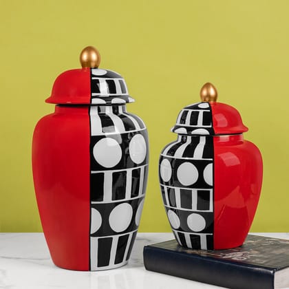 Red & Monochrome Harmony Ceramic Vase - Set of 2-BIG :- HEIGHT - 17 INCHES & WIDTH - 9 INCHES & SMALL :- HEIGHT - 12 INCHES & WIDTH - 7.5 INCHES / CERAMIC / AVAILABLE