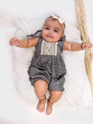 Halemons Grey Slub Cotton Romper - All Season Comfort - Narrow Strings - Grey-0-3 months