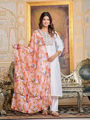WHITE COTTON EMBROIDERY WORK KURTI PANT WITH FANCY DUPATTA-S