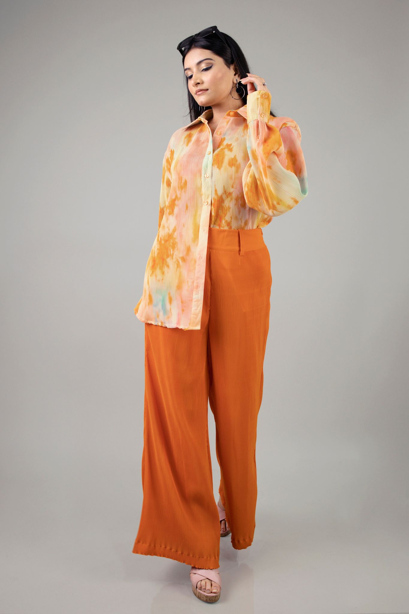 Dexiva Pleated Co-Ord Set For Women-XXS / Apricot Orange / SH040-DPLZ01/FAB320396 -2.5-NILL-NILL-NILL-NILL-THR03-FS01-NILL-BT053-12-NILL-NILL||BT05-FAB320385-2-PLGT004-2.5-NILL-NILL-THR010-FS01-Z
