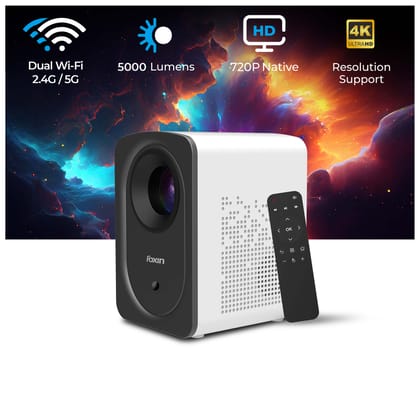 Foxin Vision 500 Smart Projector | 4k Support 720P Native | 5000 Lumens | 150 inch Screen Size | Manual Focus | 8 Watts Speaker | Firestick Compatible | White