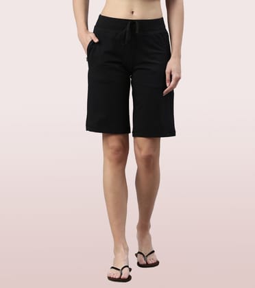 Enamor City Shorts | Cotton Knee Length Shorts | E044-Jet Black / S