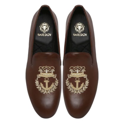 Dark Brown Leather Slip-On with Anchor Crown Crest Hand Made Zardosi-40/6