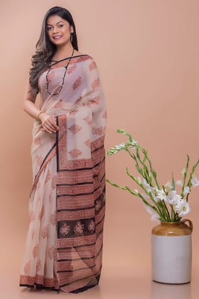 TICH Summer Moods. Bagru Block Printed Kota Doria Saree - Beige Motif