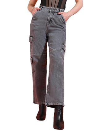 Glossia Fashion Women Cargo Jeans | High Waist Stretchable Wide Leg Straight Fit Denim| Boyfriend Jeans for Women -  Grey, 26