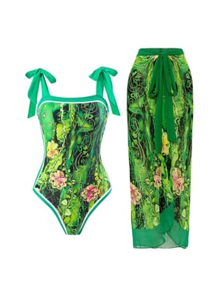 Floral Printed Swimsuit & Skirt Coord Set-Green / M