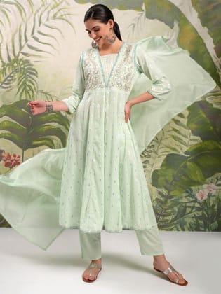 Floral Embroidered Pure Cotton Anarkali Kurta & Trousers With Dupatta-Pista Green / M