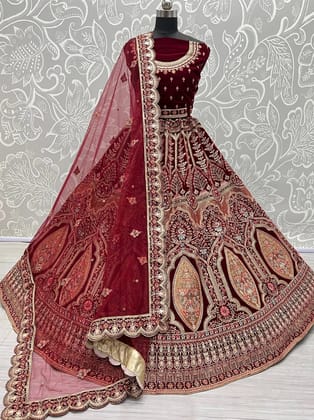 Rani Pink Rajwadi Oval Embroidered Bridal Lehenga Choli - Premium Velvet, Heavy Detail - Wedding & Special Occasion Outfit, Ghaghra Choli  by Rang Bharat