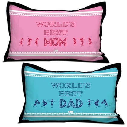 Indigifts Parents Gift World's Best Dad & Mom Quote Warli Art Inspired Pattern Multi 17x27 inches Pillow Covers Set of 2 - Parents Birthday Gifts, Parents Day Gift, Anniversary Gift for Mom Dad