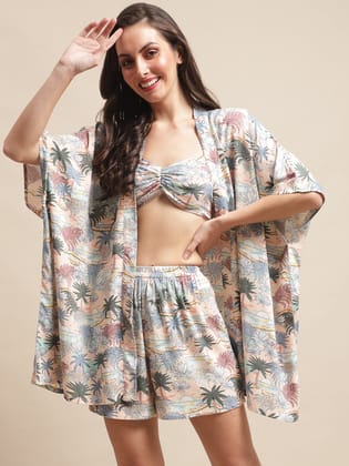 Peach Color Tropical Printed Viscose Rayon 3 pcs Coverup Set With Robe Beachwear For Woman-s