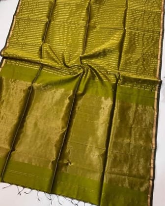 Gleaming Handloom Maheshwari Olive Green Tissue Silk Saree