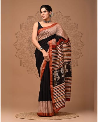 Colorful Maheshwari Pure Silk Black Saree Blockprint