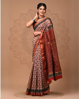 Imaginative Maheshwari Pure Silk Saree Blockprint