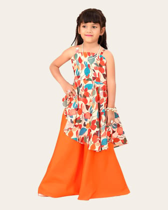 Girls Printed Stylish Flared Palazzo With Crop Top-Orange / 2 - 3 Years