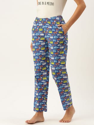 Women Blue Printed Cotton Pyjamas-S