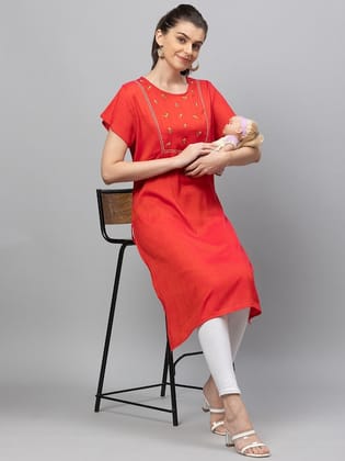 Red Floral Embroidered Straight Regular Pure Cotton Maternity Kurta