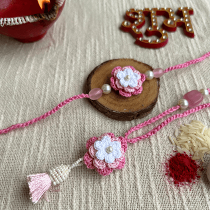 Handmade Pink Crochet Floral Rakhi-Bhai & Bhabhi Rakhi