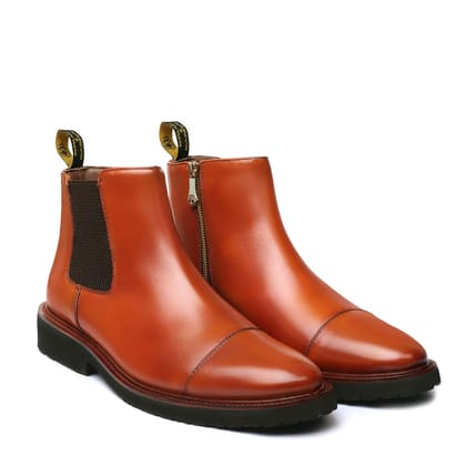 Tan Leather High Ankle Chelsea Boots Leather Sole with Toe Cap Stitching by Brune & Bareskin-43/9