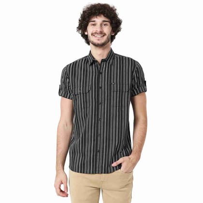 Mufti Black & White Stitch Stripe Slim Fit Casual Shirt