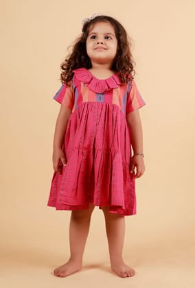 Pink Striped With Checked Flared Woven Dress-3-4Y