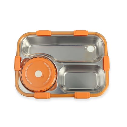 Korean Bento Box 3 Grid with Soup Bowl - Orange-Orange