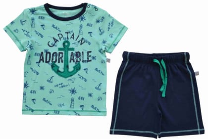 Allover Print and Anchor Chest Print on Green T-Shirt + Navy Shorty Set(100% Cotton Single Jersey)