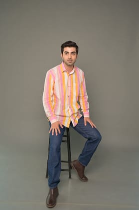 Multicolour Striped Cotton Shirt-S (Chinese Collar)