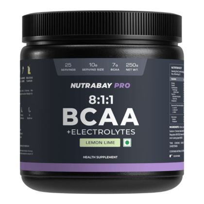 Nutrabay PRO BCAA 8:1:1 with Electrolytes - 7g Vegan BCAAs, 1000 mg Electrolytes - Intra/Post Workout Energy Drink - 250g Lemon Lime