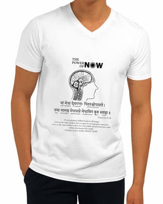 The Power of Now | V Neck, Sanskrit T-shirt, Sanjeev Newar®-White / S