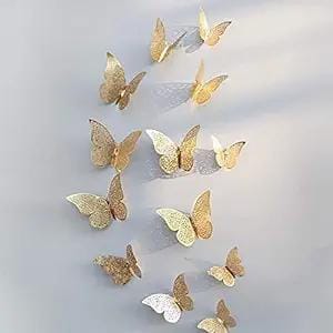 KATHIYAWADI 3D Home Decor Butterfly with Sticking Pad (Shimmer Golden, Set of 12)