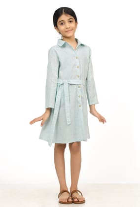 Blue Melange Cotton Tunic Dress With Waist Belt-6-7Y