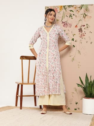 Women Pink Floral Printed Pleated Gotta Patti Kurta with Palazzos