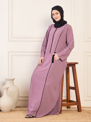 Nabia Solid Zip-Closure Piping Detailing Pink Abaya Burqa With Black Georgette Hijab-XS / 54