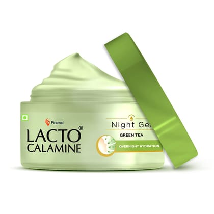 Lacto Calamine Green Tea Night Gel Moisturizer For Women | Night Cream For Oily Skin with Niacinamide & Glycolic Acid | Lightens Skin Tone & Overnight Hydration | Anti- Aging | 50g Pack of 1x 50g