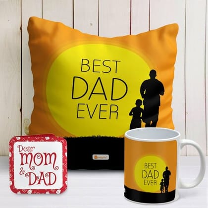 Indigifts Fathers Day Gifts Best Dad Ever Printed Orange Cushion Cover 12"x12" with Filler & Coffee Mug - Papa Gift For Birthday, Anniversary Gift For Dad, Gift For Daddy, Birthday Gift For Dad