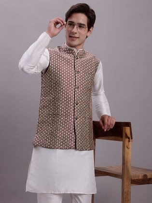 Men's Peach Woven Design Nehru Jacket With Solid Kurta Pyjama.-S / Peach